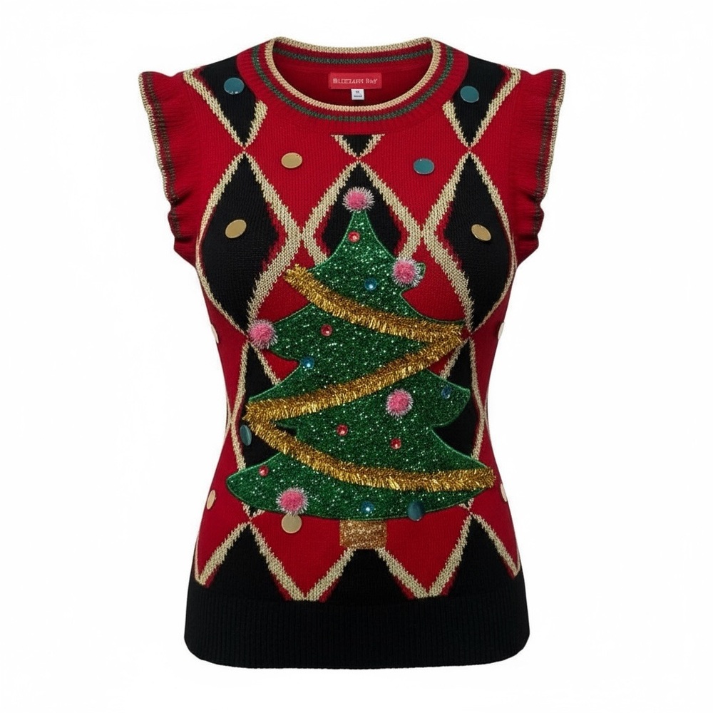 Ugly Sweater vest Red and Green Holiday Christmas Tree Size M NWT party gold